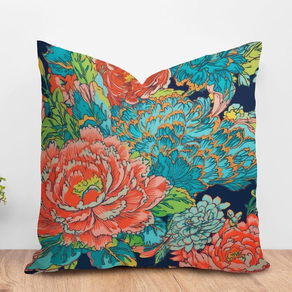 ArogGeld Chinoiserie Coral Peony Floral Farmhouse Cushion Cover Peony Flower Turquoise Teal Green Home Decor Cushion Covers Asian Scenic Chinoiserie Pillow Cover Case 24x24in White Linen