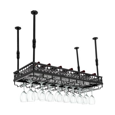 Black Vintage Wine Glass Rack, 13.78"- 21.65" Height Adjustable Ceiling Mounted Hanging Wine Bottle Holder Stemware Hanger Rack Metal Bar Floating Shelf for Bar Kitchen, Capacity: 36 Goblets(L: 90cm)