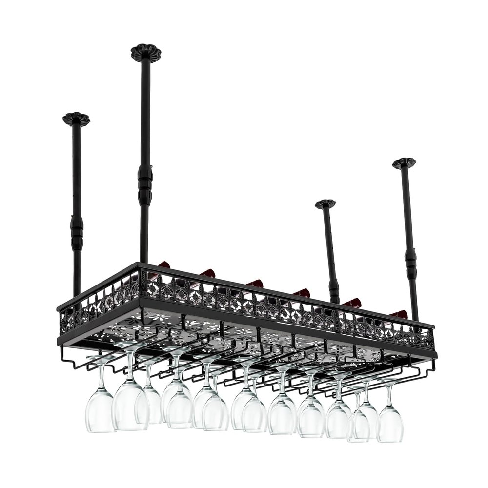 Black Vintage Wine Glass Rack, 13.78"- 21.65" Height Adjustable Ceiling Mounted Hanging Wine Bottle Holder Stemware Hanger Rack Metal Bar Floating Shelf for Bar Kitchen, Capacity: 36 Goblets(L: 90cm)