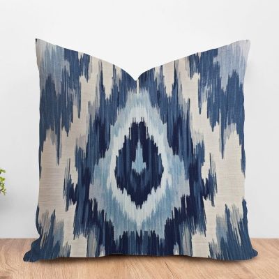 ArogGeld Boho Moorish Style Farmhouse Sofa Pillowcase Blue Grey Kilim Turkish Ikat White Linen Cushion Cover Traditional Chinese Chinoiserie Pillowcases with Zipper for Sofa Couch 16x16in