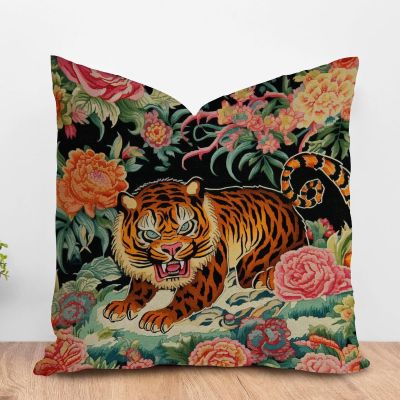 ArogGeld Animal Tiger Stripe Pink Floral Throw Pillow Cushion Colorful Flower Animal Print Tiger Square Throw Pillow Covers Asian Style Chinoiserie Pillow Cases for Living Room 24x24in Linen