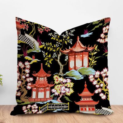 ArogGeld Chinoiserie Charcoal Coral Pagoda Farmhouse Cushion Covers Asian Pagoda and Red Flower Home Decor Cushion Cover Chinoiserie Chic Cushion Case for Sofa Couch 24x24in White Linen