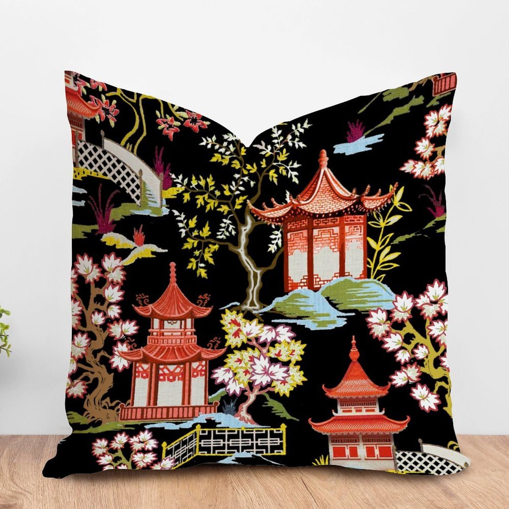 ArogGeld Chinoiserie Charcoal Coral Pagoda Farmhouse Cushion Covers Asian Pagoda and Red Flower Home Decor Cushion Cover Chinoiserie Chic Cushion Case for Sofa Couch 24x24in White Linen