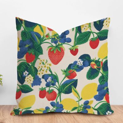 ArogGeld Red Yellow Blue Strawberry Fruit Farmhouse Throw Pillow Summer Lemon Strawberry Garden Linen Cushion Cover Chinoiserie Chic Asian Pillow Cover Case for Sofa Couch Car Chair 24x24in