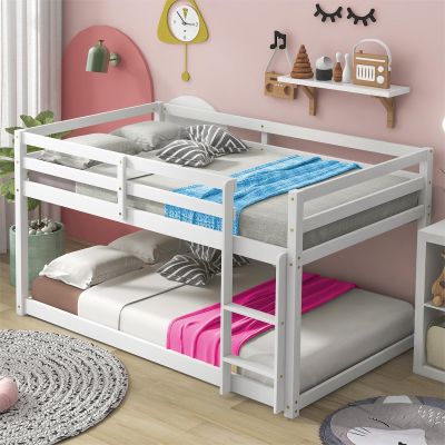 Anwick Twin Over Twin Low Bunk Bed with Stairs and Rails, Wooden Bunk Beds Frame with Safety Guardrail and Slats for Toddlers, Kids, Teens, Boys, Girls, Noise-Free (White, Bunk)