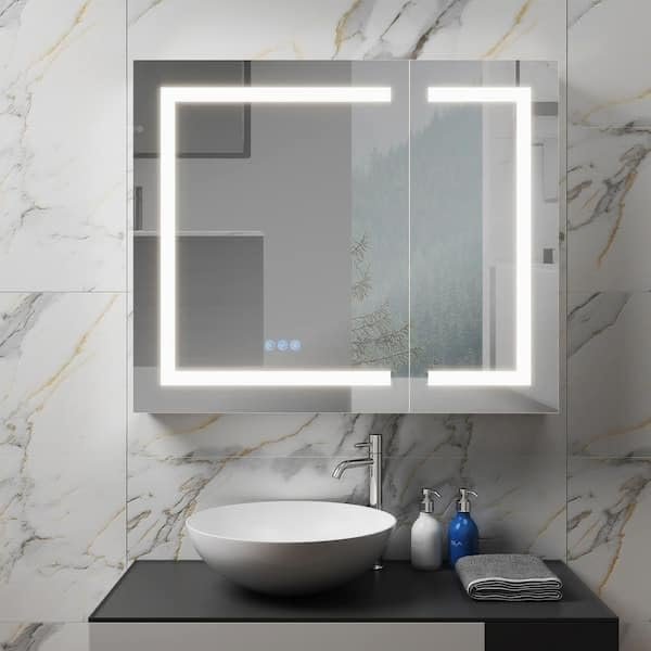 FEKEWIO Medicine Cabinets 36 Inch X 30 Inch Frameless Illuminated Led Mirror Cabinet for Bathroom Aluminum Wall Mounted Medicine Cabinet with Touch Switches Dimmer Anti-Fog Function