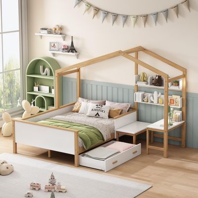 Full Size Wooden House Bed, Multiple-Function Wood Daybed with Drawer, Desk and Bookshelf for Kids Teen Boys Girls