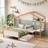 Full Size Wooden House Bed, Multiple-Function Wood Daybed with Drawer, Desk and Bookshelf for Kids Teen Boys Girls view 1