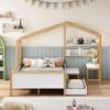 Full Size Wooden House Bed, Multiple-Function Wood Daybed with Drawer, Desk and Bookshelf for Kids Teen Boys Girls view 3