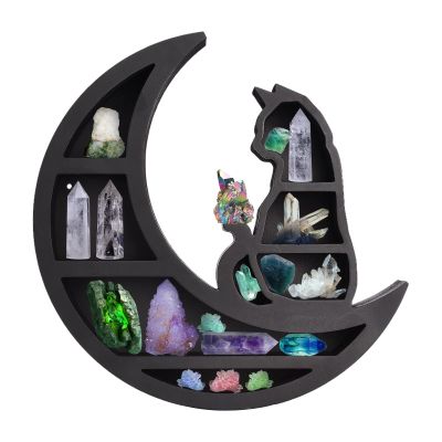 Cat Wooden Crystal Display Shelf, Cute Moon Phase Crystal Shelf, Wall Mounted Floating Shelves, Crescents Moon Phase Shelf for Crystals Stone, Essential Oil, Small Plant Art, Gothic(Cat on Moon)