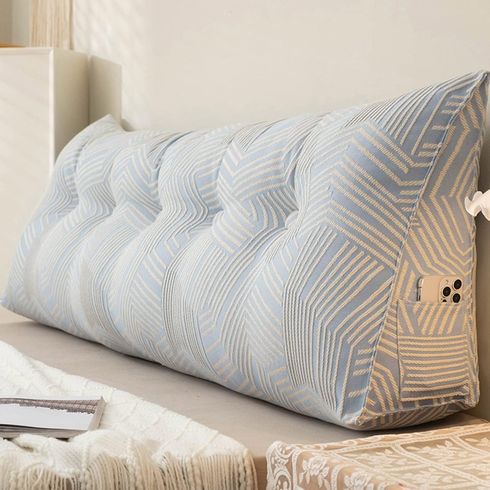 COZMAX Wedge Headboard Pillow, Bed/Sofa Wedge Reading Pillow, Queen Throw Pillow/Bedside Cushion, Queen Back Wedge Pillow with Side Pockets and Removable Cover (Color : Blue, Size : 19.6"/50cm)