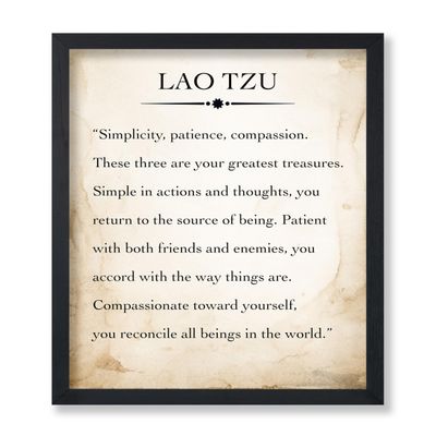 Poster Master Lao Tzu Poster - Simplicity Patience Passion Print - Meditation Quote Art - Inspiring Gift for Men, Women - Motivational Decor for Bedroom, Yoga Studio, Spa - 8x10 UNFRAMED Wall Art