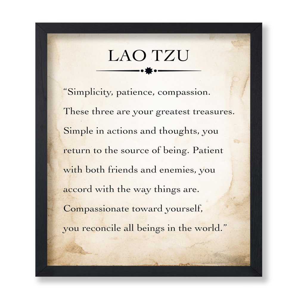 Poster Master Lao Tzu Poster - Simplicity Patience Passion Print - Meditation Quote Art - Inspiring Gift for Men, Women - Motivational Decor for Bedroom, Yoga Studio, Spa - 8x10 UNFRAMED Wall Art