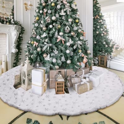 Libima 70 Inches Large Christmas Tree Skirt Faux Fur Xmas Tree Skirt White Plush Velvet with Silver Sequins Snowflakes for Xmas Decorations Merry Christmas Party Winter Home Holiday Ornaments