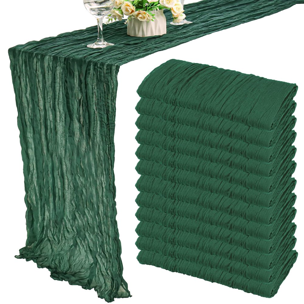 12 Pack 13Ft Cheesecloth Table Runner 35x157 Inch Boho Gauze Table Runner Cheese Cloth Long Rustic Table Runners for Wedding Bridal Shower Birthday Party Table Decor (Dark Green)
