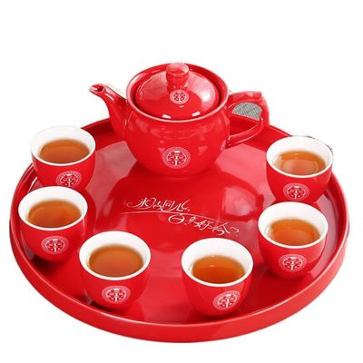 8pc Ceramics Tea Set Chinese Wedding Tea Pot Set Teacup Tradition Red Porcelain Teapot