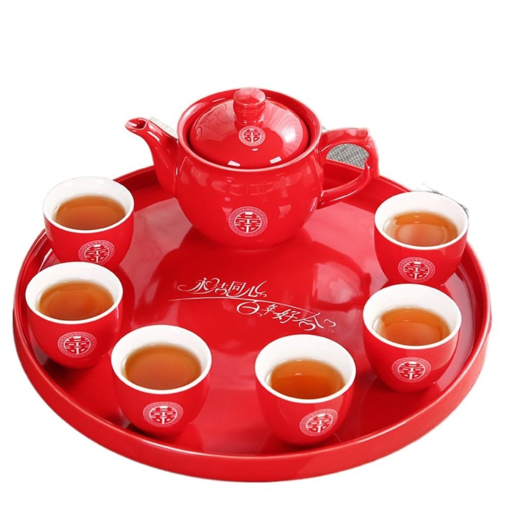 8pc Ceramics Tea Set Chinese Wedding Tea Pot Set Teacup Tradition Red Porcelain Teapot