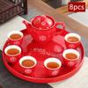8pc Ceramics Tea Set Chinese Wedding Tea Pot Set Teacup Tradition Red Porcelain Teapot view 2