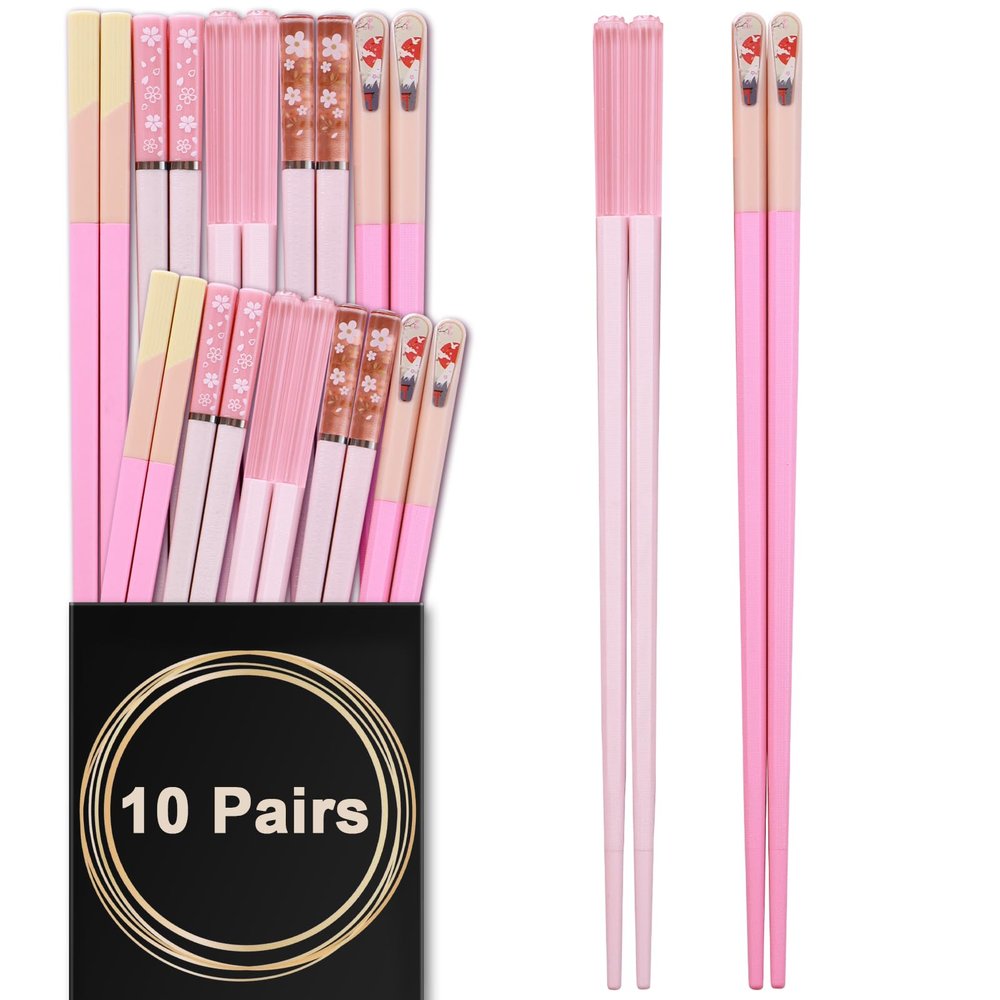 Chopsticks Reusable Dishwasher Safe, GLAMFIELDS 10 Pairs 9.5 Inches Premium Fiberglass Chop Sticks Set for Sushi, Ramen, Asian Cuisine, Non-slip, Pink