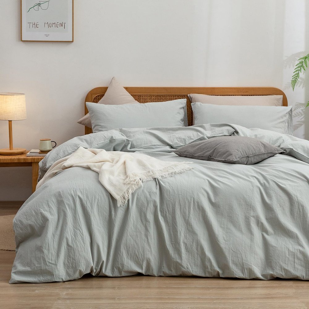 BESTOUCH Duvet Cover Set 100% Washed Cotton Linen Feel Super Soft Comfortable Chic Lightweight 2 PCs Home Bedding Set Solid Northern Droplet Grey Twin/Twin XL