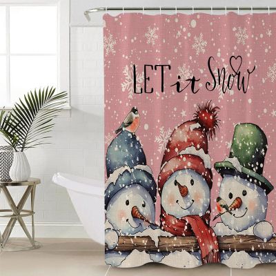 Double Love Christmas Snowman Bathroom Curtain 72 Inch Shower Curtain with Hooks, Waterproof Polyester Bath Curtain Washable Bathtub Curtain Winter Rustic Snowflake Let-It-Snow Pink 72''x 72''