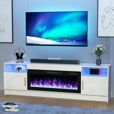 BREEZEHEAT Electric Fireplace TV Stand with 36 inch Fireplace Up to 80" TVs-Led Entertainment Center with Outlet, High Glossy Doors-70 inch TV CabinetModern Media Console for Living Room(White)