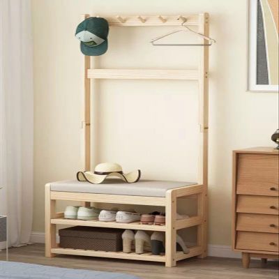 ELZEM Coat Rack Shoe Bench Entryway Hall Trees 3-in-1 Freestanding Clothes Rack 2-Tier Shoe Bench with Storage and Soft Cushion,5-14 Hooks for Entryway, Living Room, Hallway, Bedroom A,60