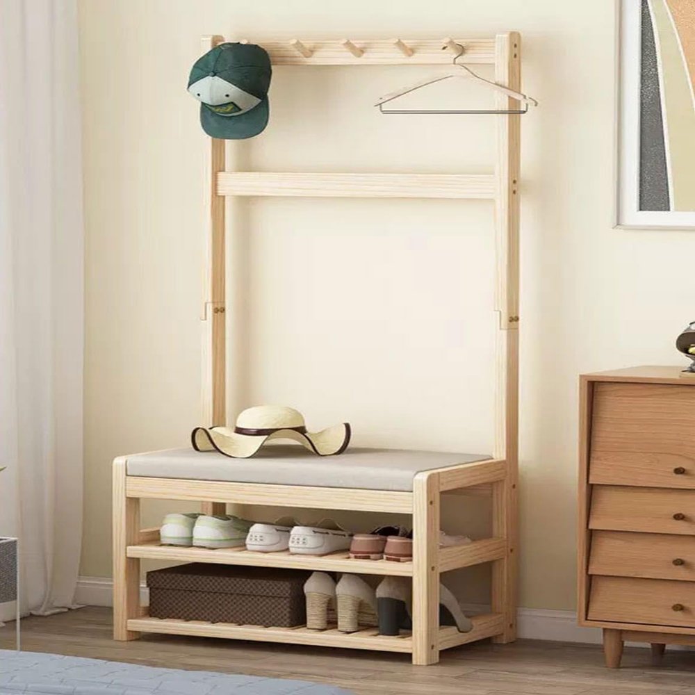 ELZEM Coat Rack Shoe Bench Entryway Hall Trees 3-in-1 Freestanding Clothes Rack 2-Tier Shoe Bench with Storage and Soft Cushion,5-14 Hooks for Entryway, Living Room, Hallway, Bedroom A,60