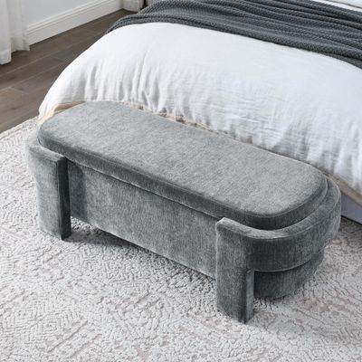 SZLIZCCC 65" Linen Fabric Storage Bench, 65" Vintage Upholstered Rolled Armed Button Tufted Stool Bench for Bedroom, Living Room, Entryway, Hallway, Dressing Room (Grey*)