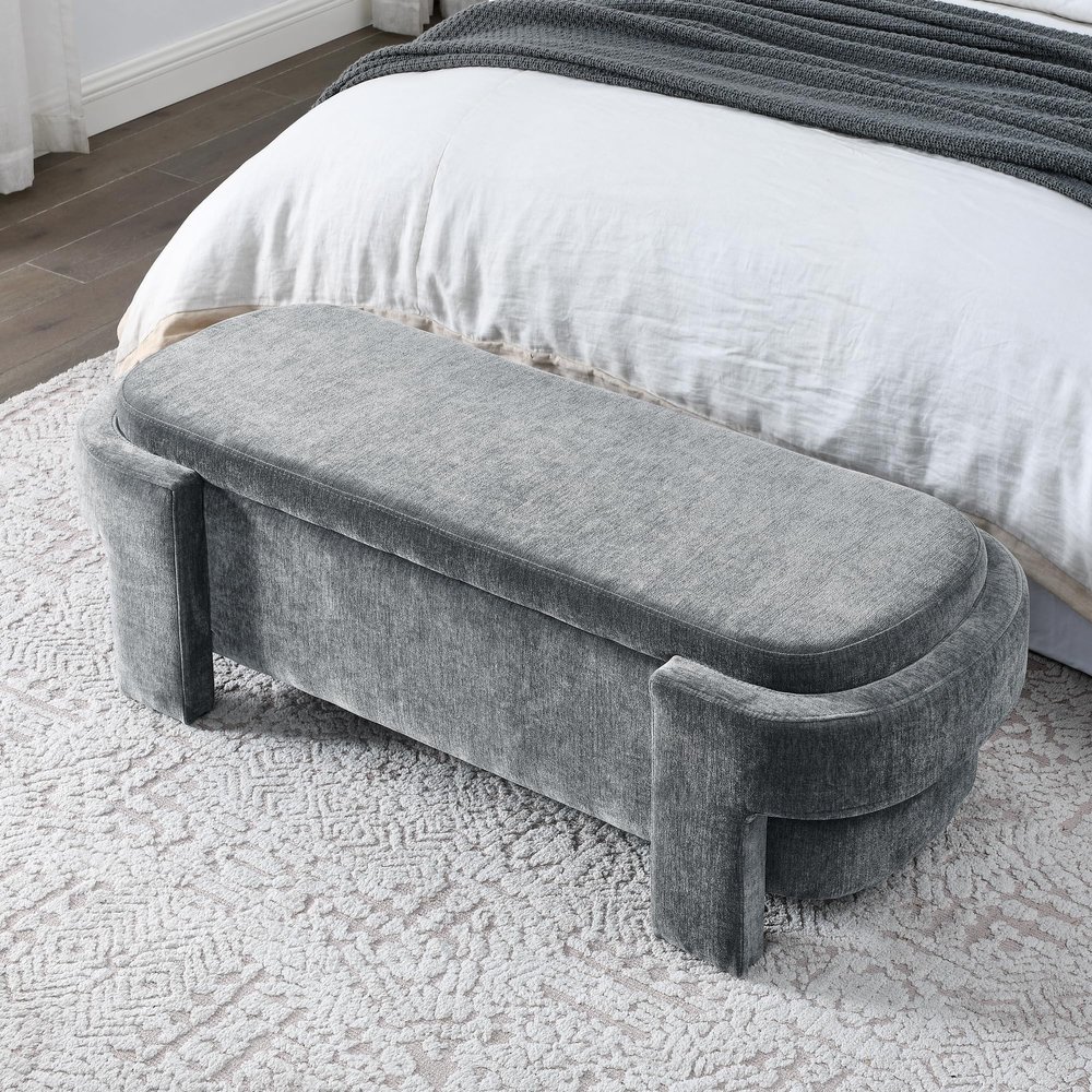 SZLIZCCC 65" Linen Fabric Storage Bench, 65" Vintage Upholstered Rolled Armed Button Tufted Stool Bench for Bedroom, Living Room, Entryway, Hallway, Dressing Room (Grey*)