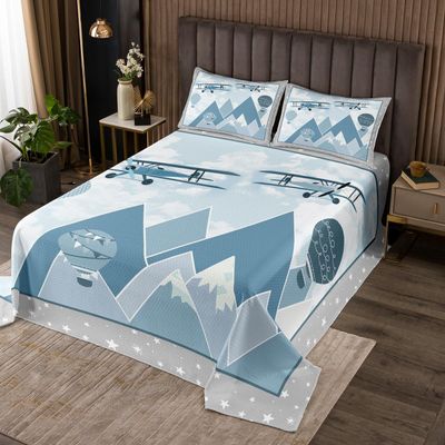 Cartoon Aircraft Kids Bedspread Queen Size,Airplanes Hot Air Balloon Cute Coverlet Set for Boys Girls Adults,Abstract Mountains Starry Clouds Quilted Coverlet,Blue Grey Bedding Quilt,2 Pillowcases