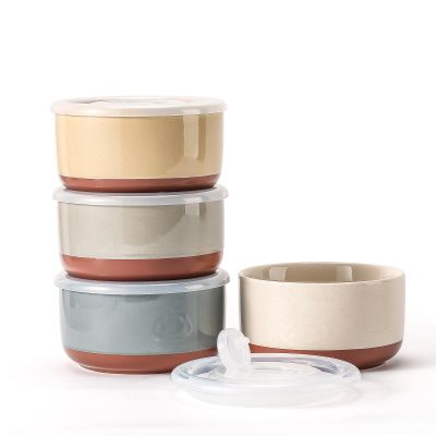 Chubacoo Ceramic Bowl with Lid: 20 oz Microwave Safe Porcelain Soup Containers for Food Storage, Meal Prep, Working Lunch, Picnic & Camping - 5-Inch Set of 4 Dipped Color & Speckle