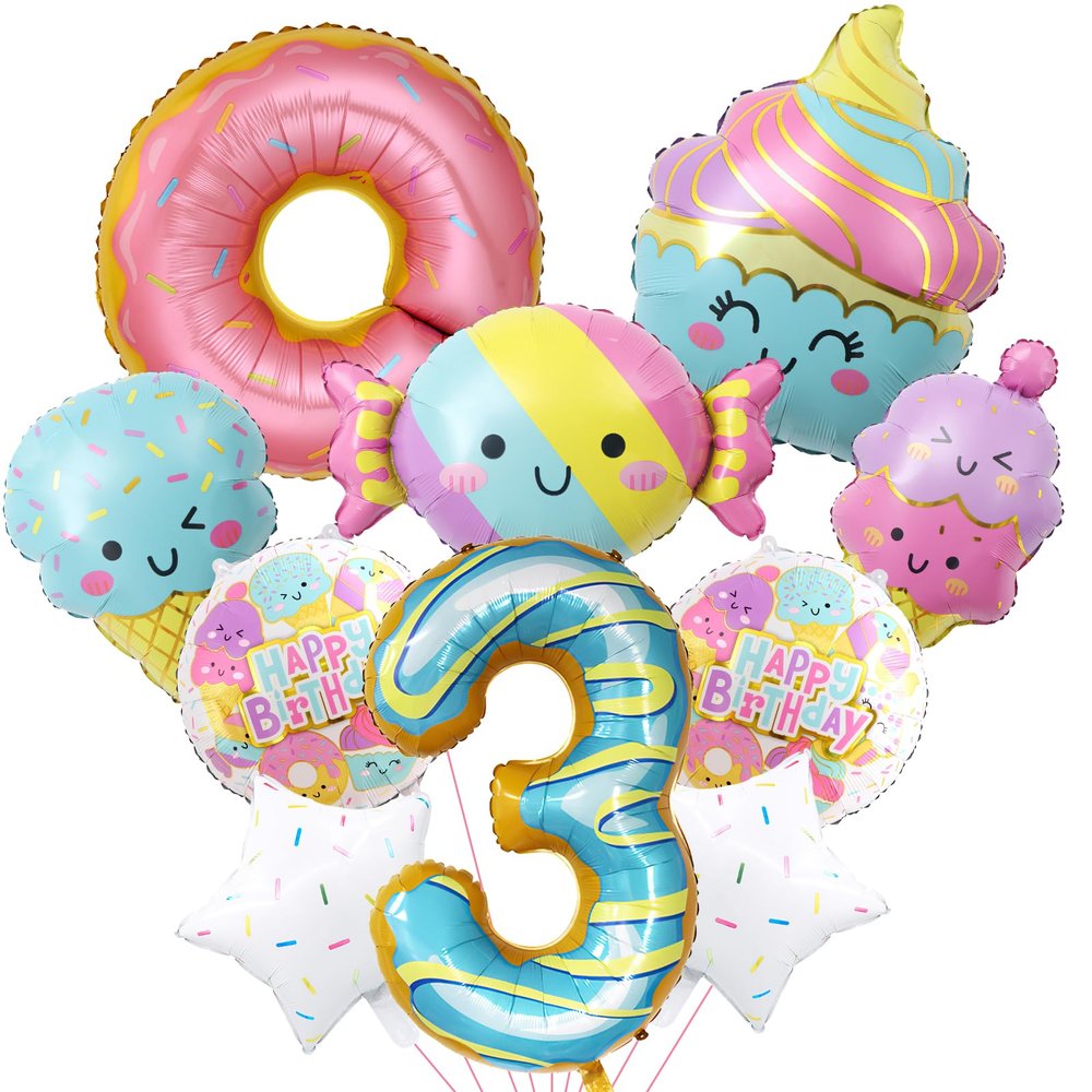 10Pcs Ice Cream Balloons, Donut Candy Birthday Number Mylar Foil Balloon Ice Cream Theme 3rd Birthday Party Supplies Decorations