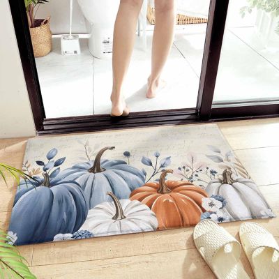 Edwiinsa Elegant Pumpkins Plush Rug Non Slip Bath Mat, Soft Shaggy Long Fur Fuzzy Bath Rugs 16" x 24" Vintage Blue Orange White Eucalyptus Watercolor Carpet Mat for Bathroom Shower Home