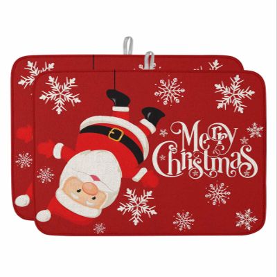 Christmas Dish Drying Mat for Kitchen Counter, Red Xmas Santa Winter Snowflake Absorbent Reversible Dish Drainer Rack Mats for Coffee Bar Mats 16''x18'' 2 PCS
