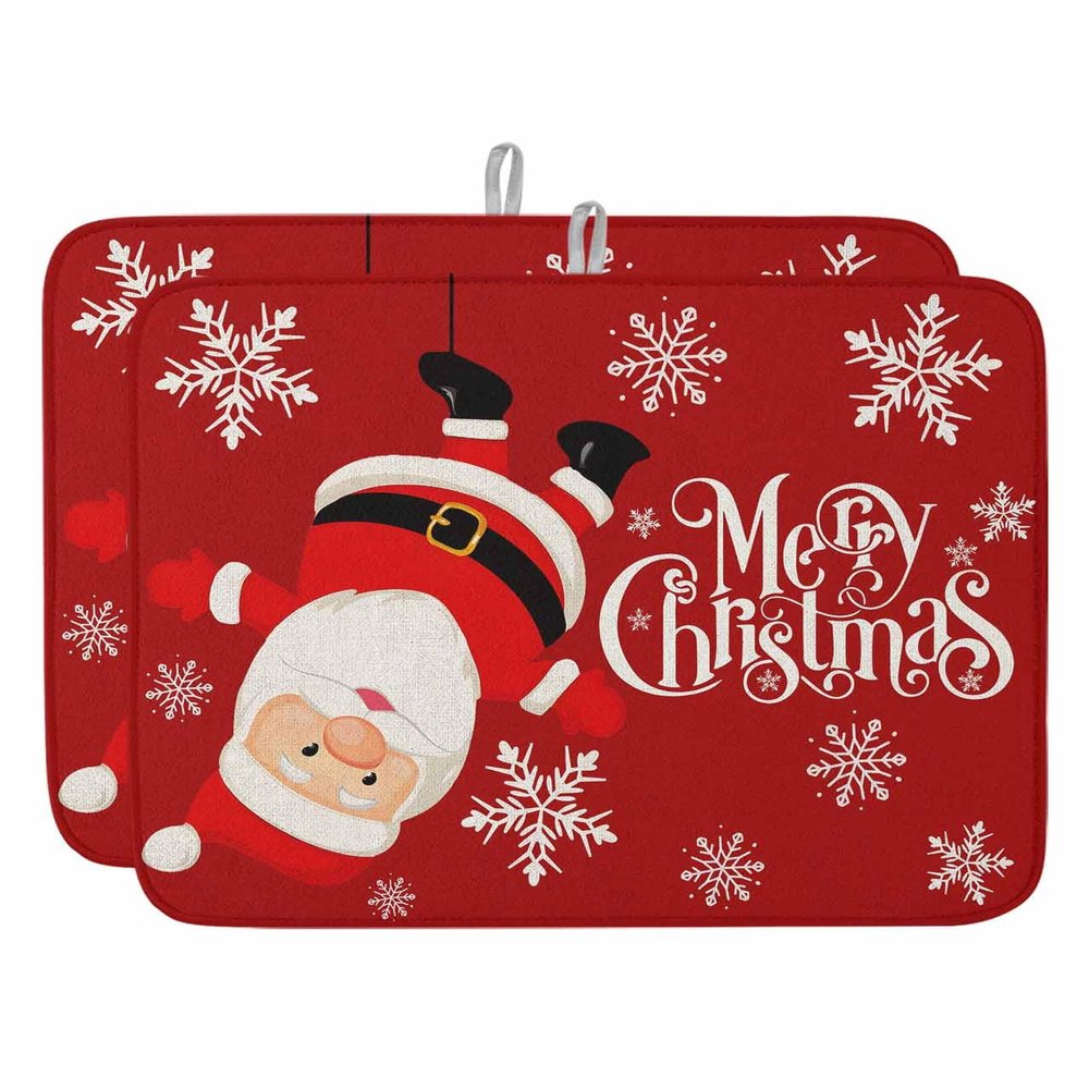 Christmas Dish Drying Mat for Kitchen Counter, Red Xmas Santa Winter Snowflake Absorbent Reversible Dish Drainer Rack Mats for Coffee Bar Mats 16''x18'' 2 PCS