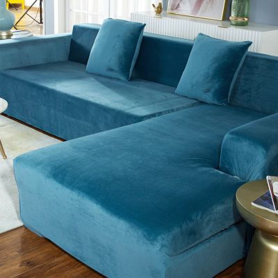 OQOPO Velvet Sofa Cover L Shaped Chaise Lounge Slipcover,Stretch Sectional Sofa Cover Furniture Slipcover for Pets Kids -Lake Blue-2 Seater 145-185CM(57-73in)