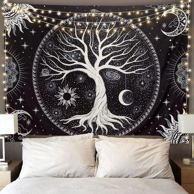 Wall Tapestry Black and White Tree of Life Tapestries Aesthetic Trippy Tapestrys Large Hippie Sun Moon Space Talestry Forest Wall Hanging Decor Nature Home tapestry's for Bedroom,Living Room,Ceiling