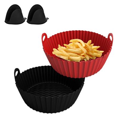2 Pcs Air Fryer Silicone Liners Pot for 4 to 7 QT - 8 Inch Reusable Air Fryer Liners with 1 Pack of Black Silicone Mitt