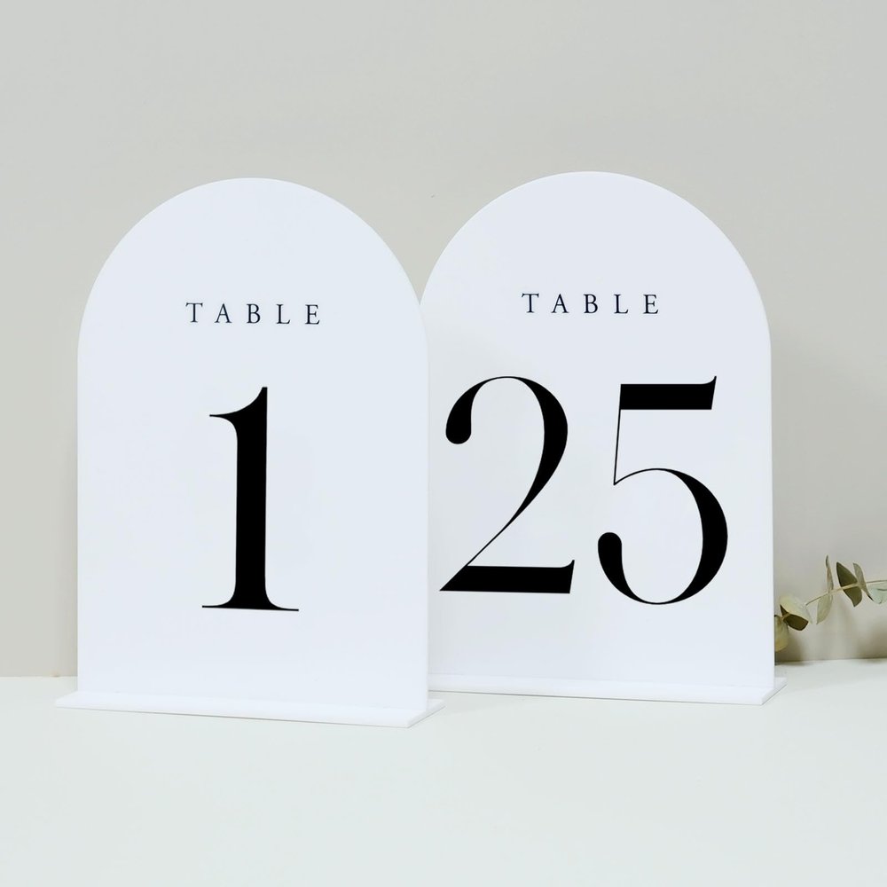 JINMURY White Arch Table Numbers for Wedding, 25 Pack 5"x7" White Arch Acrylic Table Numbers 1-25 with stand, Perfect for Wedding Event Reception