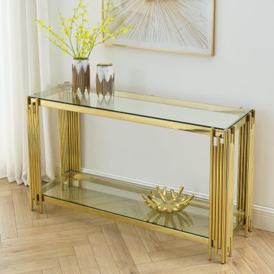 SSLine Modern Luxury Console Table Rectangular Glass Accent Entryway Table for Hallway Living Room, 2-Tier Storage, Gold Pipe Stainless Steel Frame Design