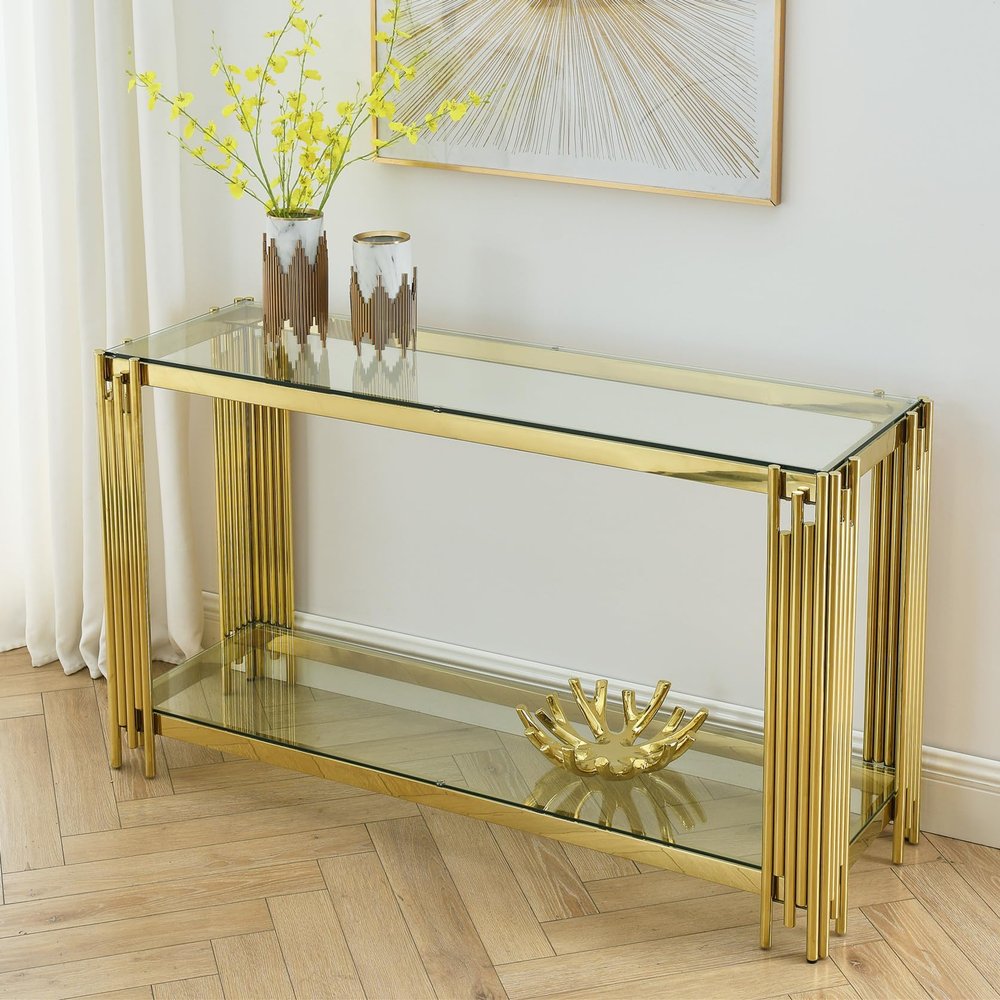 SSLine Modern Luxury Console Table Rectangular Glass Accent Entryway Table for Hallway Living Room, 2-Tier Storage, Gold Pipe Stainless Steel Frame Design