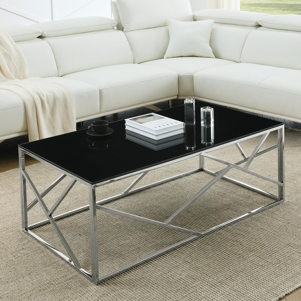 SSLine Black Glass Coffee Table with Silver Stainless Steel Legs Luxury Rectangular Coffee Table for Living Room Modern Elegant Cocktail Center Table with Irregular Line Frame Decor for Home Office