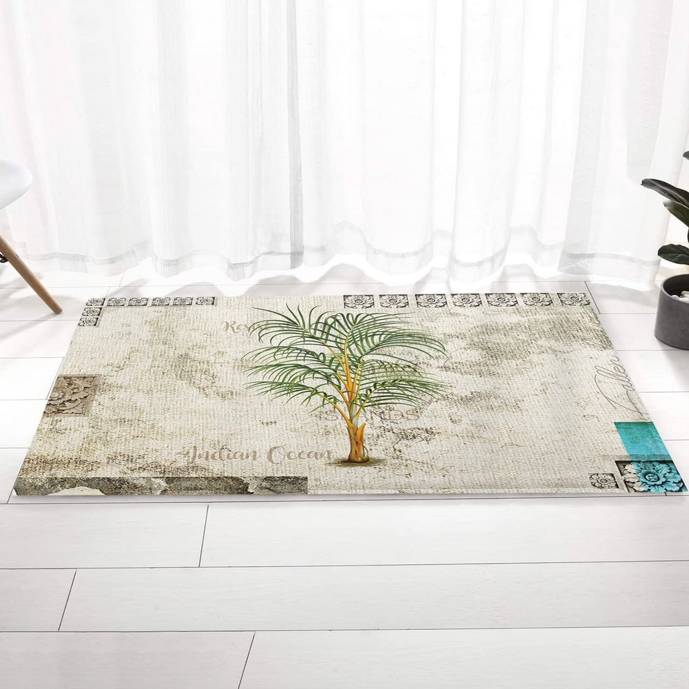Bath Mat Palm Tree Tropical Plant Stone Flower Washable Shower Rug for in Front of Bathtub Shower Room Rubber Bath Floor Rugs 16x24 Inch