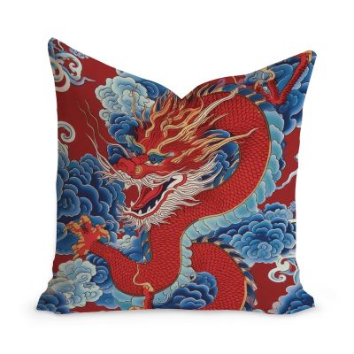 MangGou Auqa Blue and Red Dragon Farmhouse Cushion Cover Chinoiserie Asian Dragon Cushion Cover Oriental Toile Chinoiserie Pillowcase for Living Room Bedroom 22x22in White Linen Birthday Gift