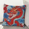 MangGou Auqa Blue and Red Dragon Farmhouse Cushion Cover Chinoiserie Asian Dragon Cushion Cover Oriental Toile Chinoiserie Pillowcase for Living Room Bedroom 22x22in White Linen Birthday Gift view 4