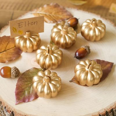 Kate Aspen 36pcs Fall Decor Gold Pumpkin Place Card Holder, Place Settings, Perfect for Thanksgiving Table Decor, Fall Themed Weddings, Bridal Brunches (Place Cards Included)