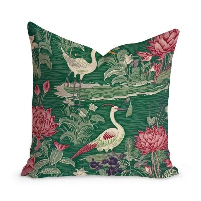 MangGou Green Lotus Swan Crane Bird Gardens Throw Pillow Water Lily Nymphaea Floral Decorative Sofa Cushion Cover Chinoiserie Asian Pillow Cover Case for Sofa Living Room 22x22in White Flax