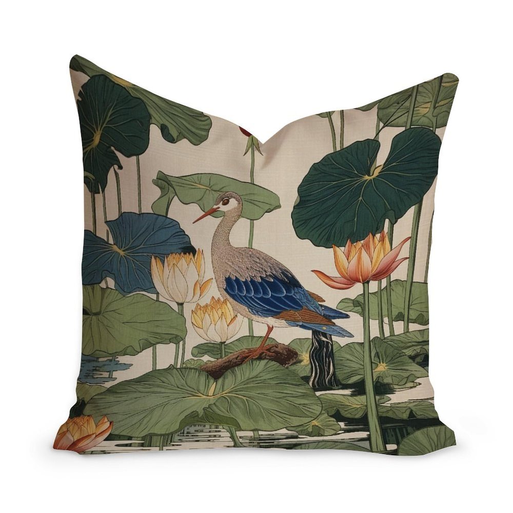 MangGou Chinoiserie Blue Flower and Bird Farmhouse Sofa Pillowcase Lily Nymphaea Pad Pistachio White Linen Cushion Covers Traditional Chinese Chinoiserie Pillowcase for Sofa Couch 22x22in