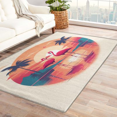 2x3 Rug, Flamingo Rugs for Entryway Living Room Bedroom, Sunset Tropical Palm Tree Small Area Rug & Bedroom Decor, Washable Non Slip Soft Low Pile Indoor Door Mat, Home Decorative Patterned Carpet